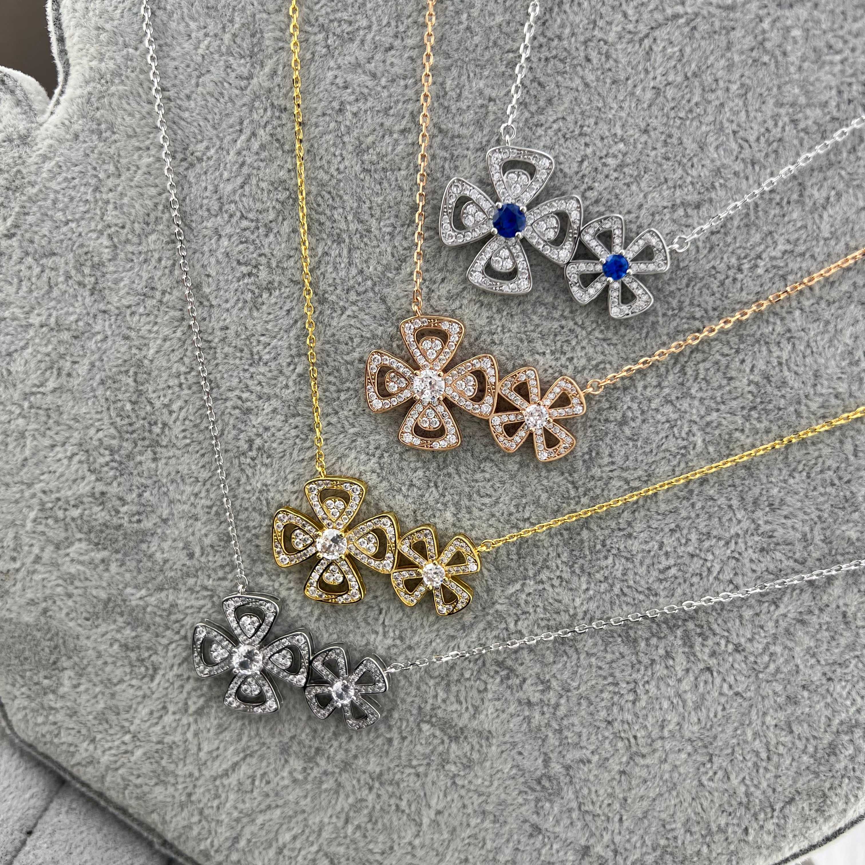 Ever Blooming Flower Series Full Diamond Double Flower Necklace