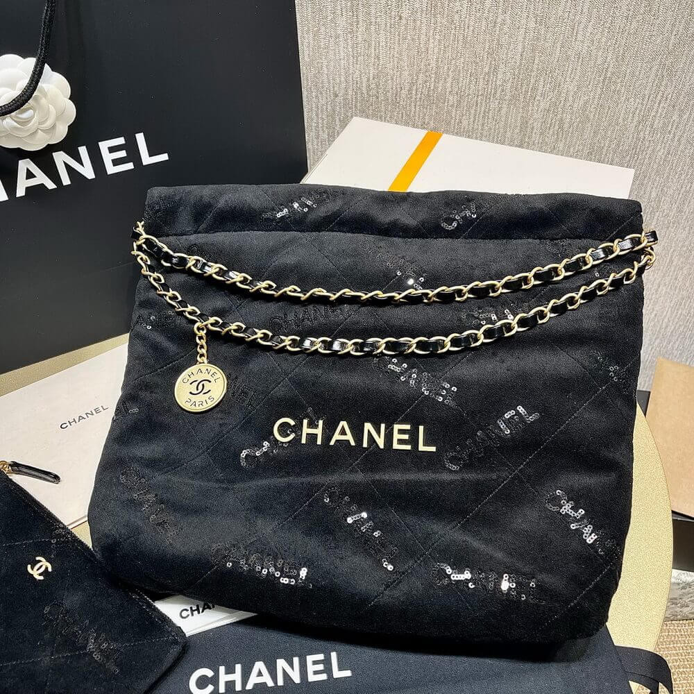 Chanel 22 Small Handbag Velvet With Sequins 37cm