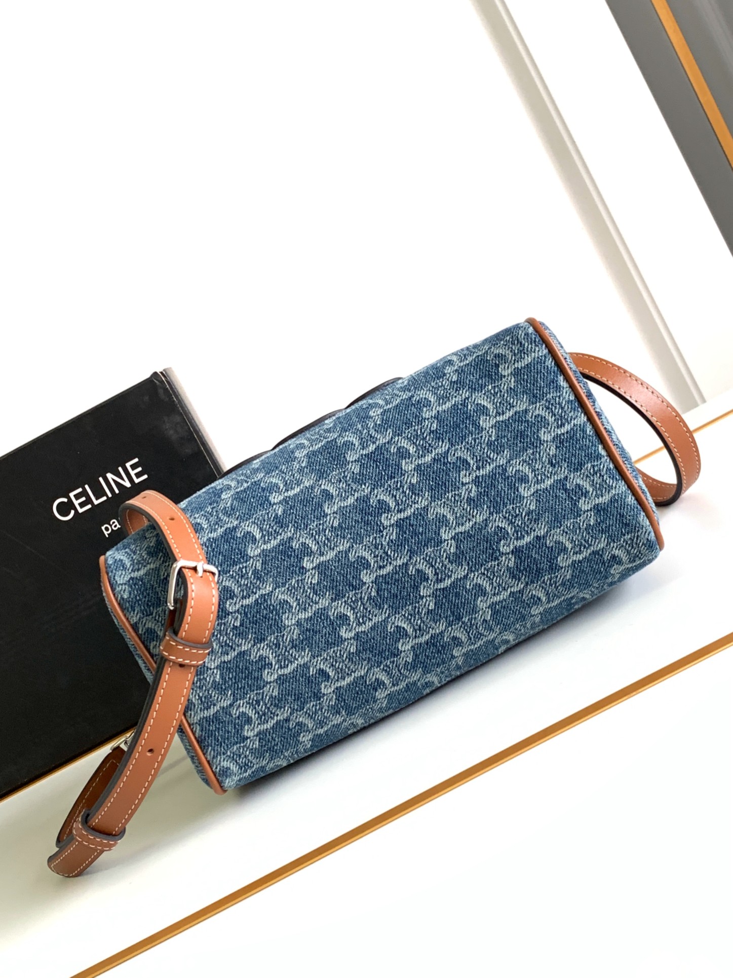 CELINE-CUIR TRIOMPHE Denim & Calfskin Boston Bag