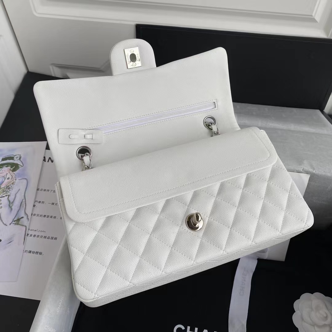 Chanel Classic Double Flap Bag White Silver Hardware 25Cm/10in