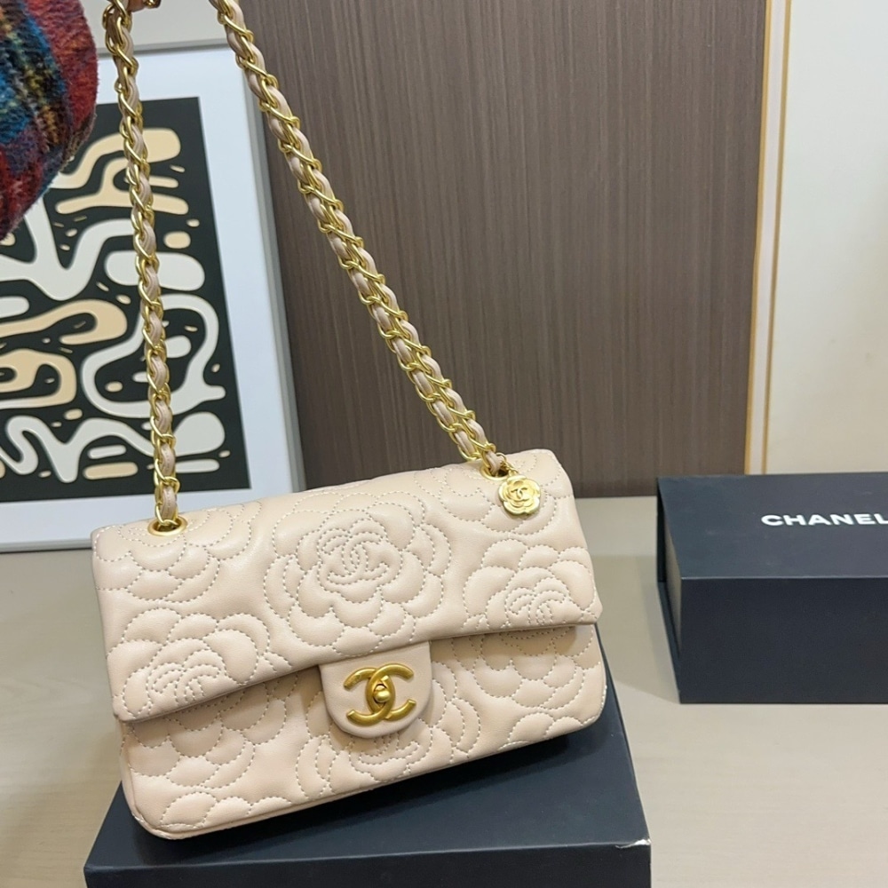 Chanel Flap Bag With Camellia Flower Chain Beige 26Cm