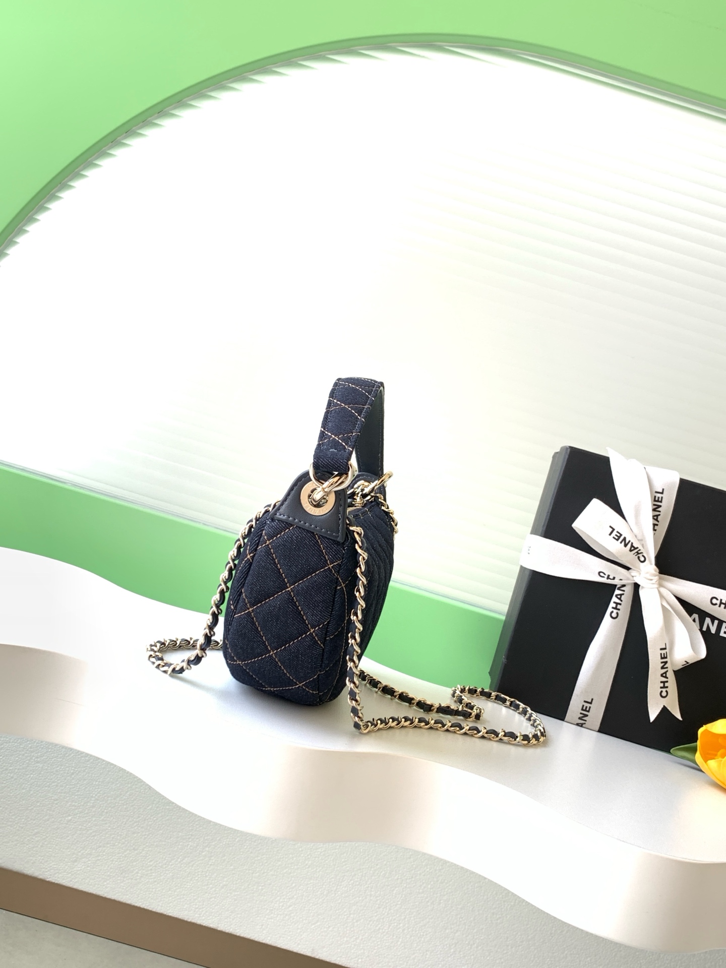 26S Spring-Summer Quilted Denim Moon Hobo Bag in Dark Blue with Gold Hardware (Model AS5652)