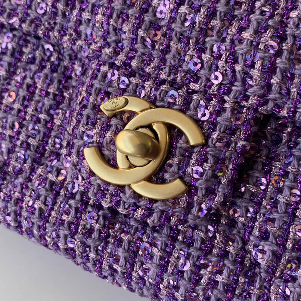 Chanel Mini Sequin Flap Bag with Top Handle Purple Tweed