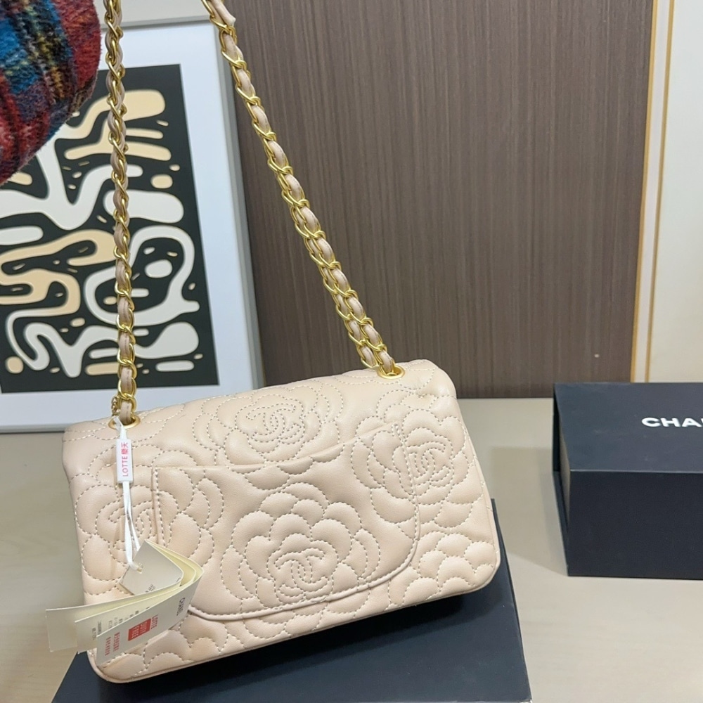 Chanel Flap Bag With Camellia Flower Chain Beige 26Cm
