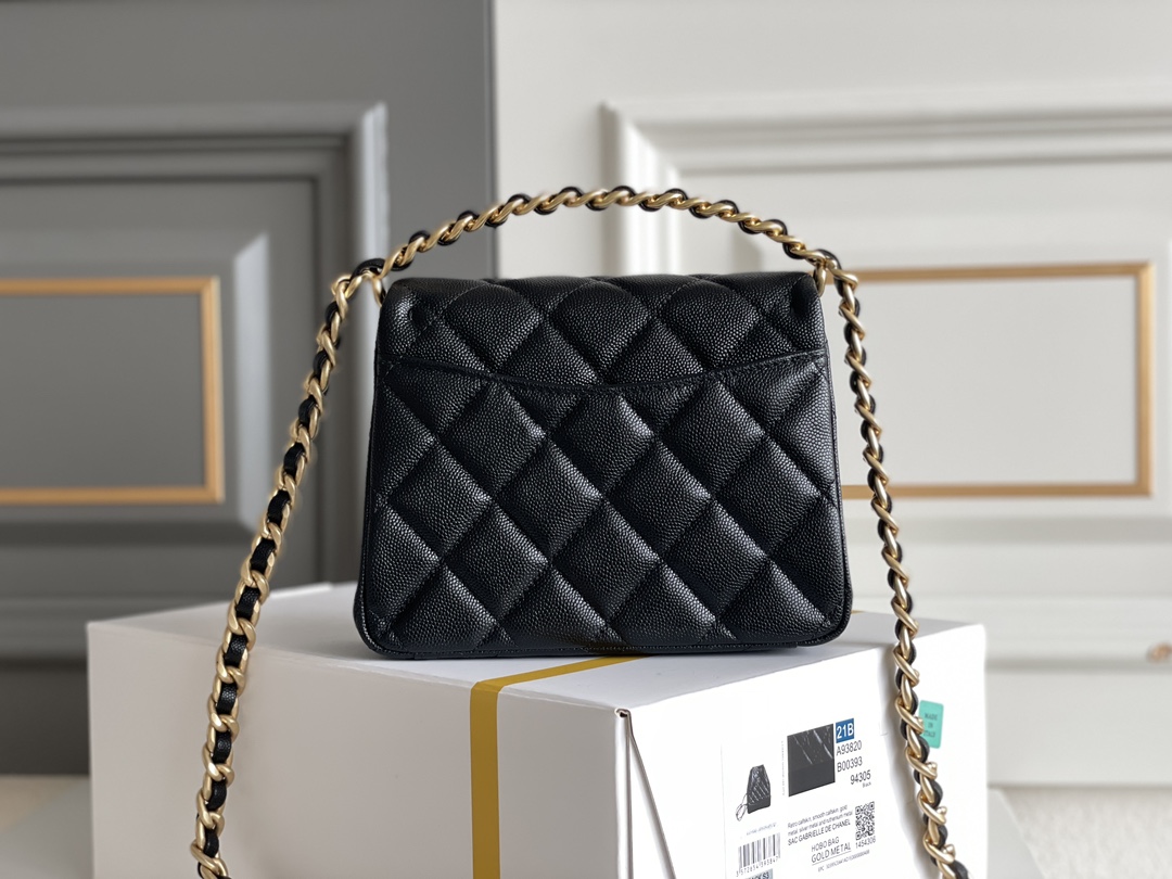 Classic Flap Mini Bag with Chain Handle in Black Quilted Grained Calfskin (Caviar) with Light Gold-Tone Hardware (Model AS5701)