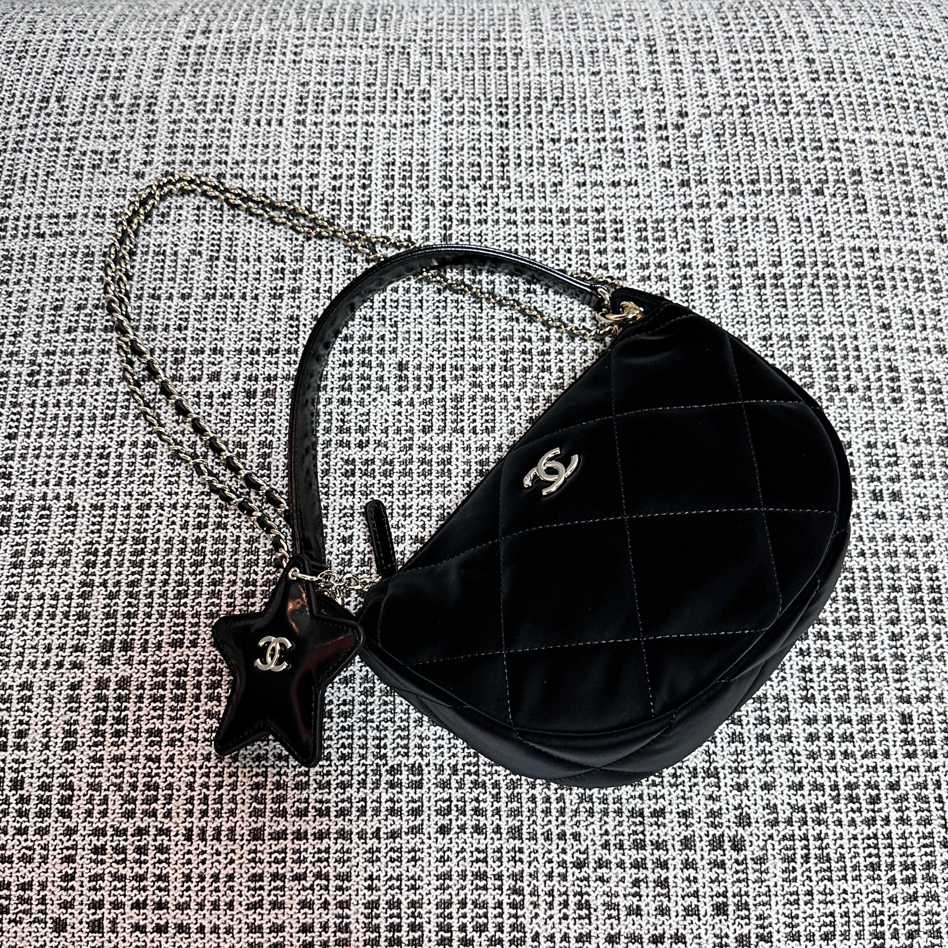 22K Black Quilted Nylon Hobo Bag with Patent Calfskin Handle, Star Charm & Gold-Tone CC Logo