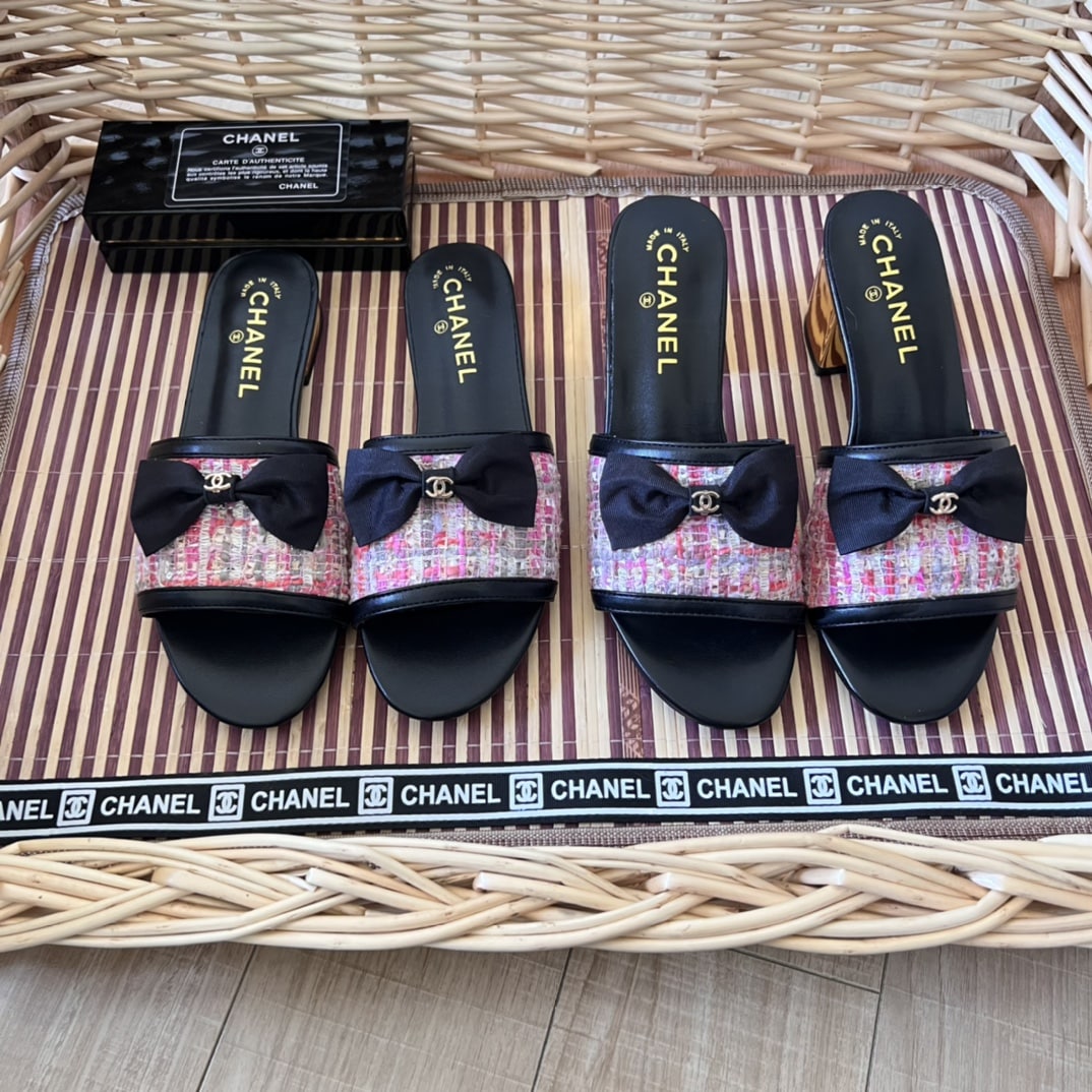 Chanel Grosgrain Ribbon Bow Mule Tweed Pink G45691