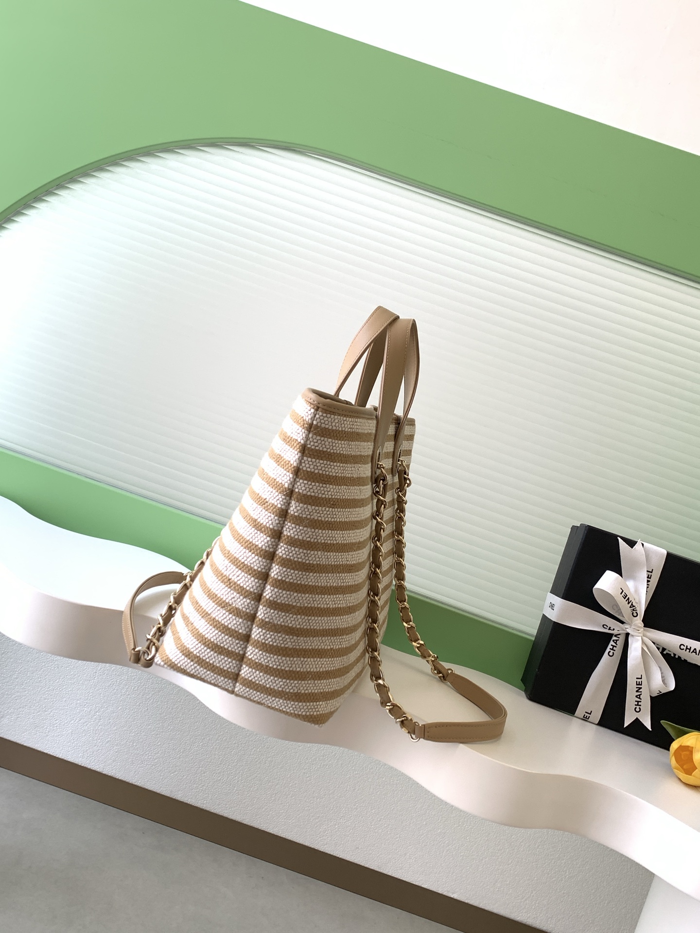 Deauville Large Striped Canvas Tote Bag in Caramel with Gold-Tone Hardware