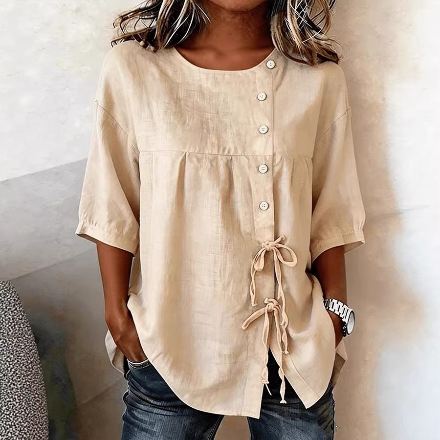 Temperament Shirt Lace-Up Button Round Neck Mid-Sleeve Top