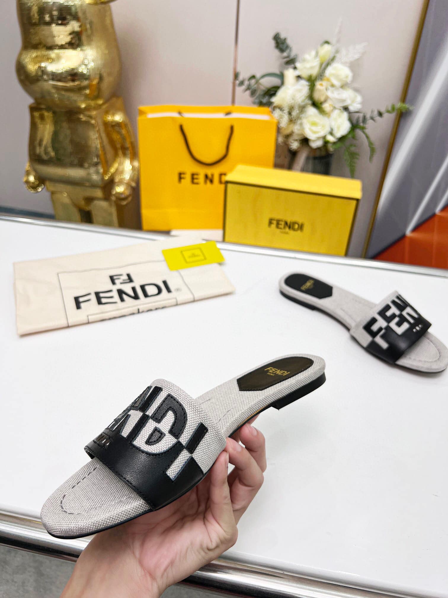 Fendi Signature Canvas Leather Slides Black 8R8337Ajzuf0Wzm