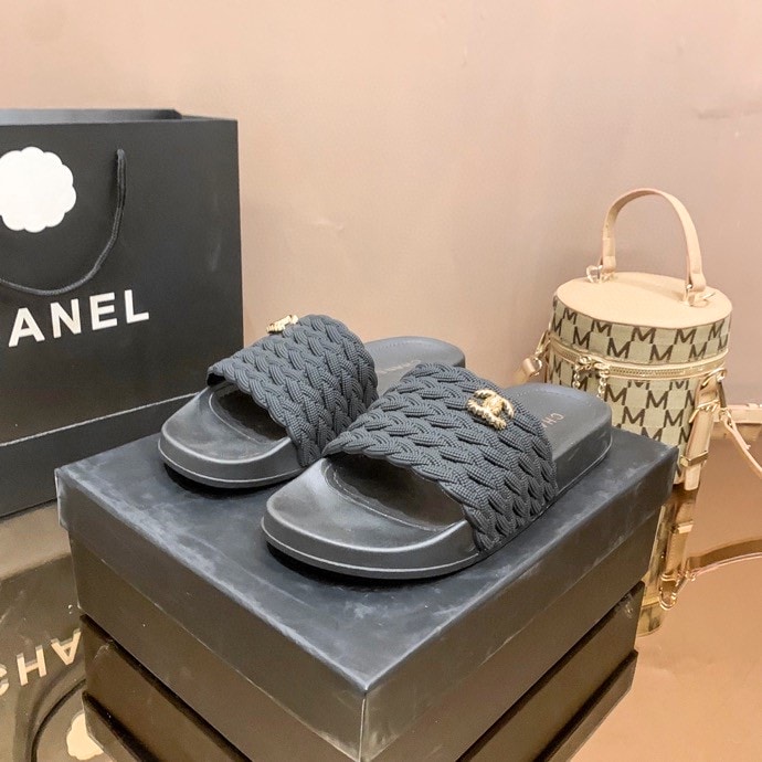 Chanel Braided Slides Black