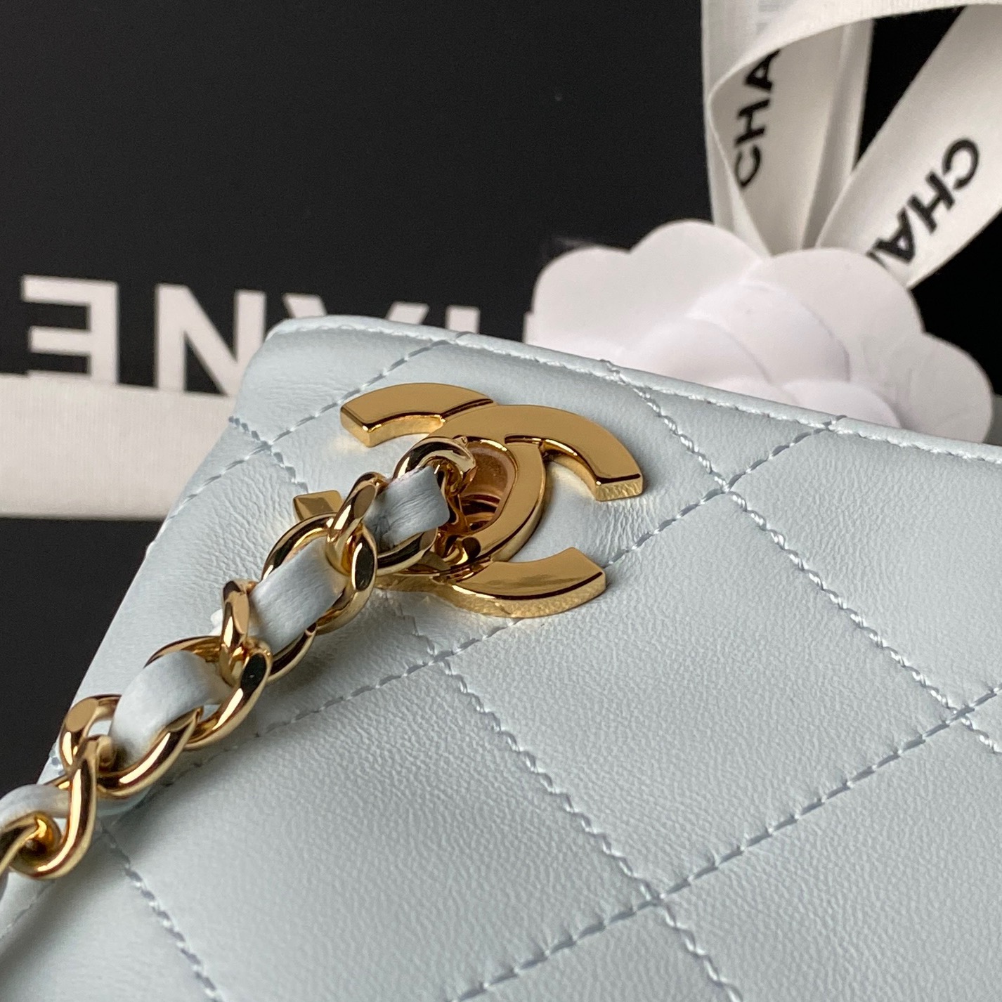 23S Large Shopping Tote Bag (AS2421) in Light Blue Quilted Smooth Lambskin with Light Gold-Tone Hardware