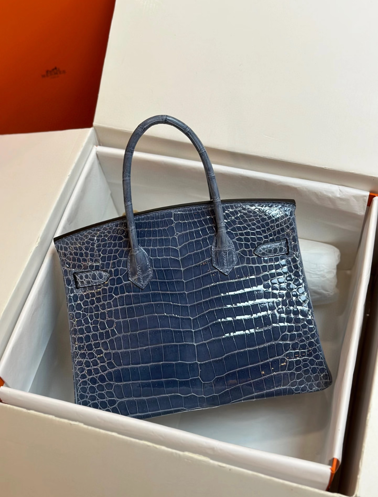 Brikin 25-30 Storm Blue Silver Buckle Custom crocodile  Leather