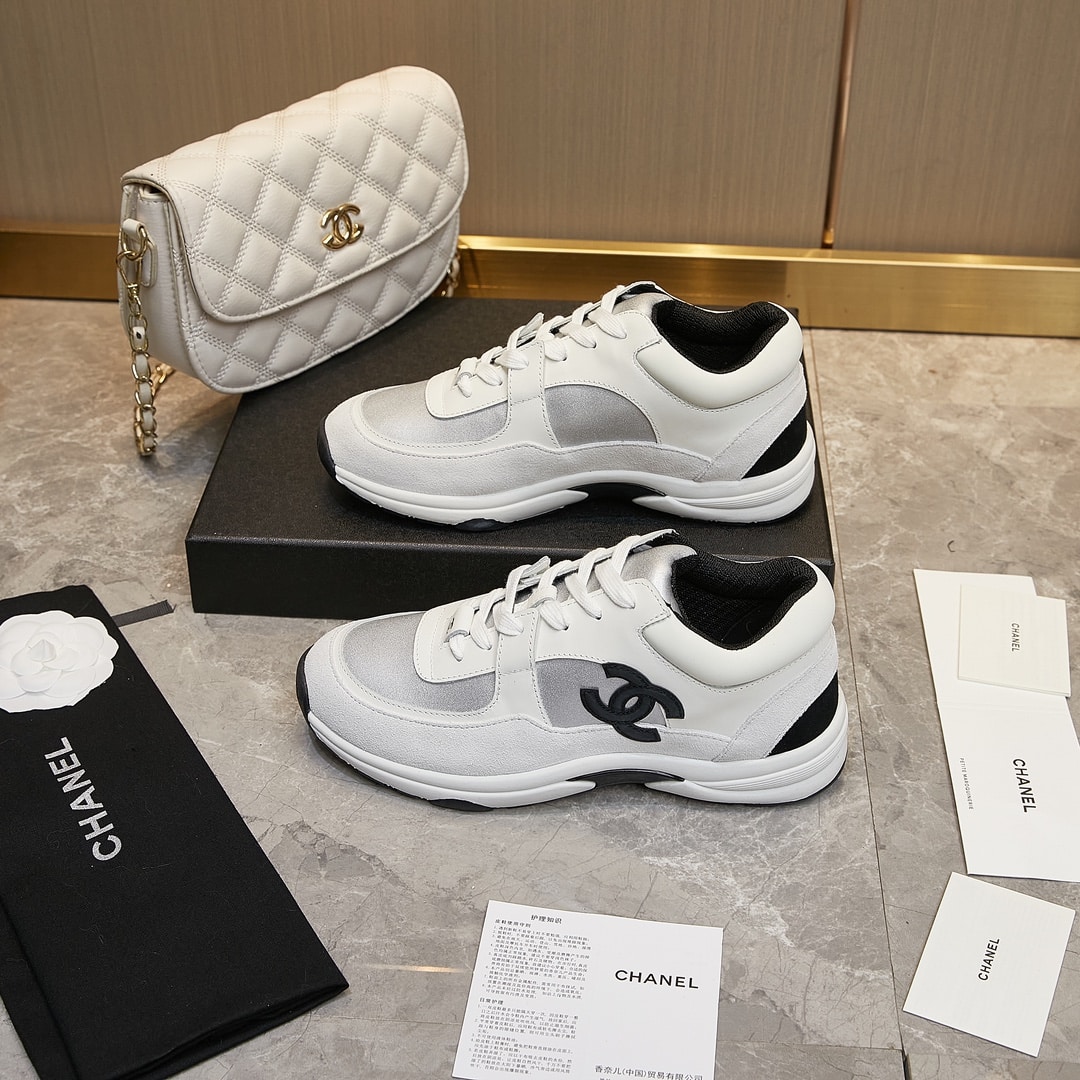 Chanel Suede And Leather Cc Low Top Sneakers White Black