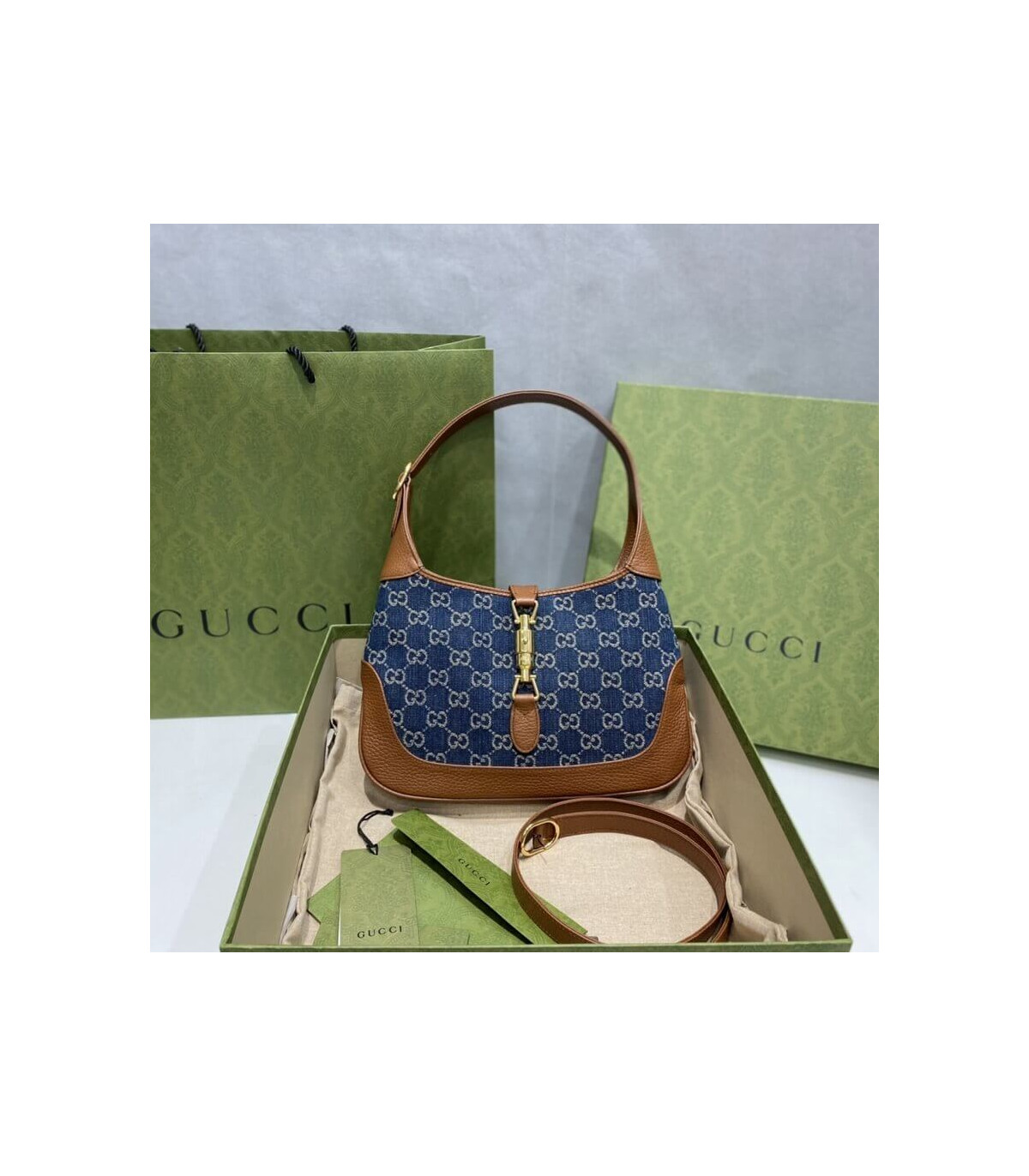 Gucci Jackie 1961 Small Shoulder Bag in Blue Jacquard Denim 28cm