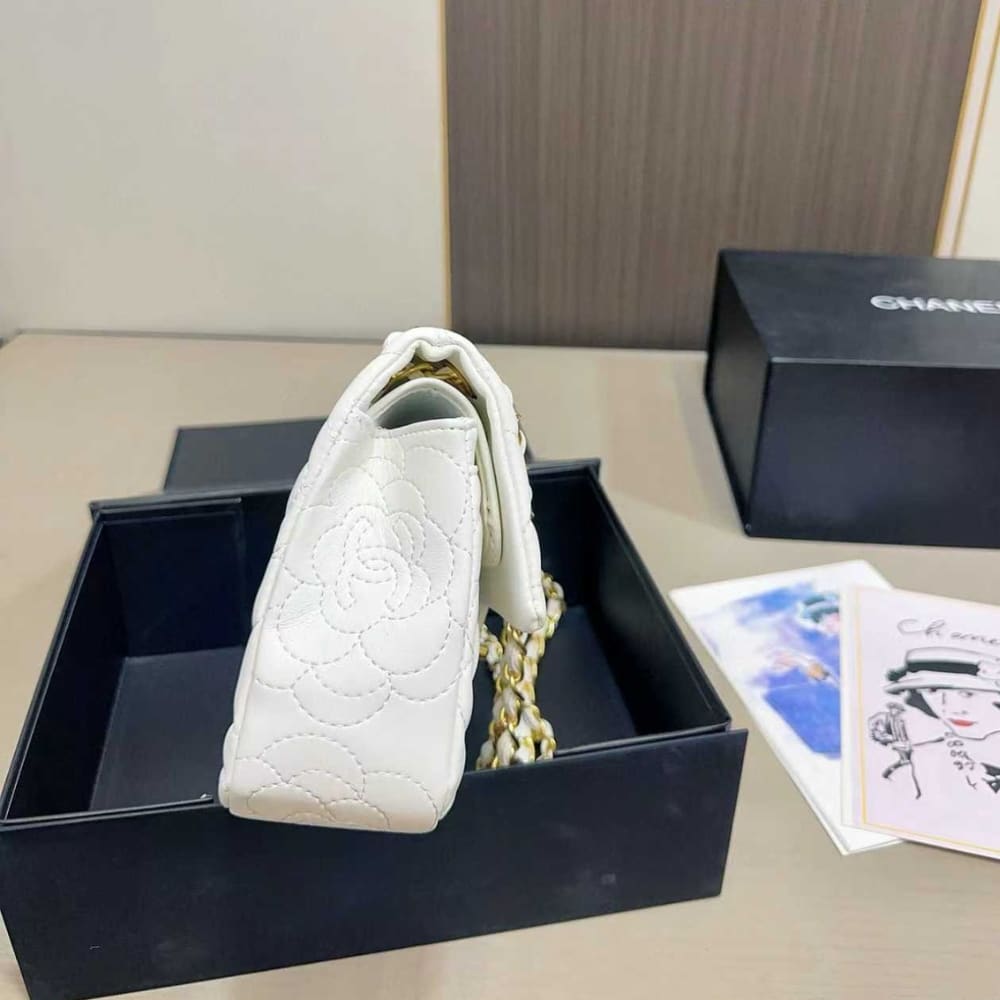 Chanel Flap Bag With Camellia Flower Chain White 26Cm