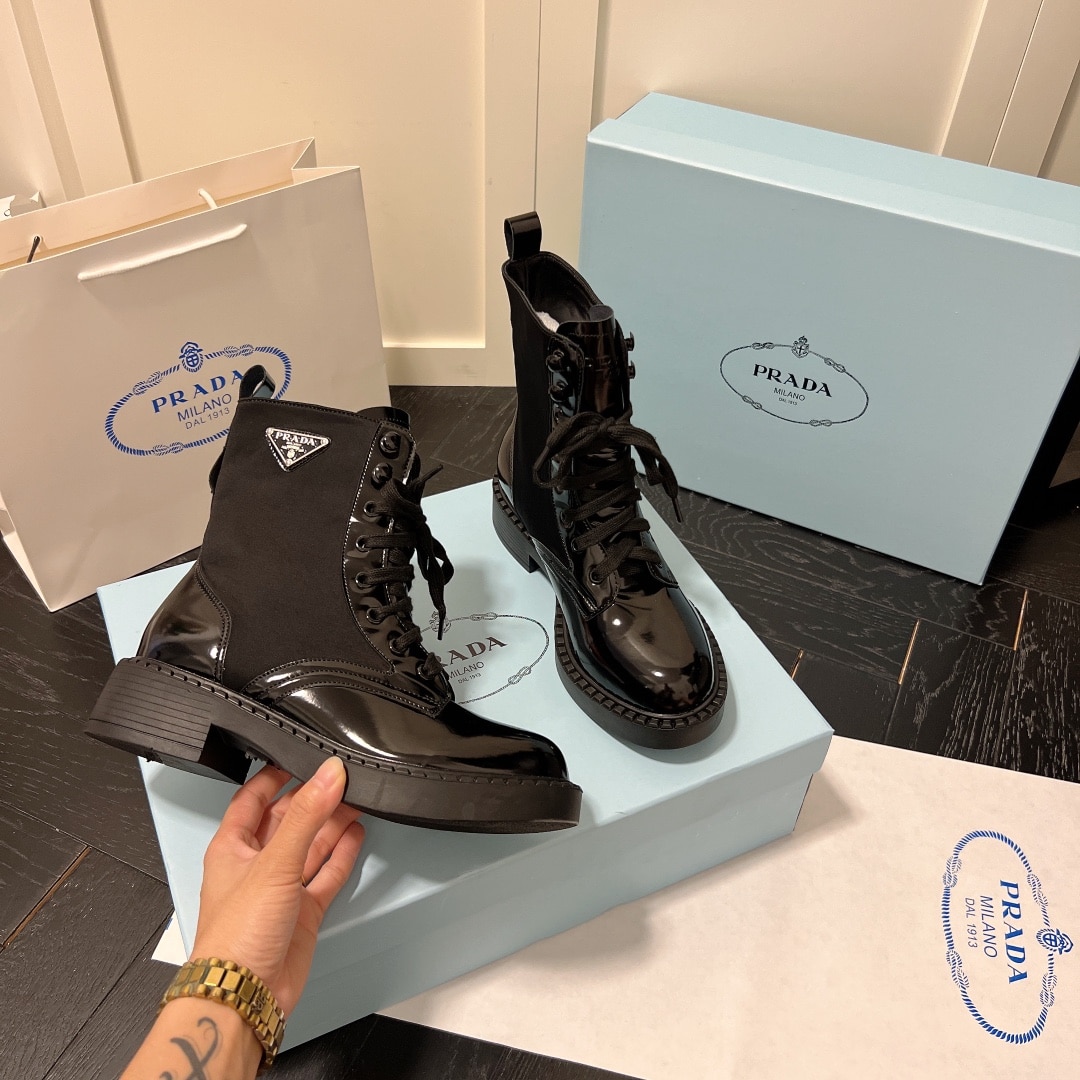 Prada Brushed-Leather And Re-Nylon Boots Shiny Black
