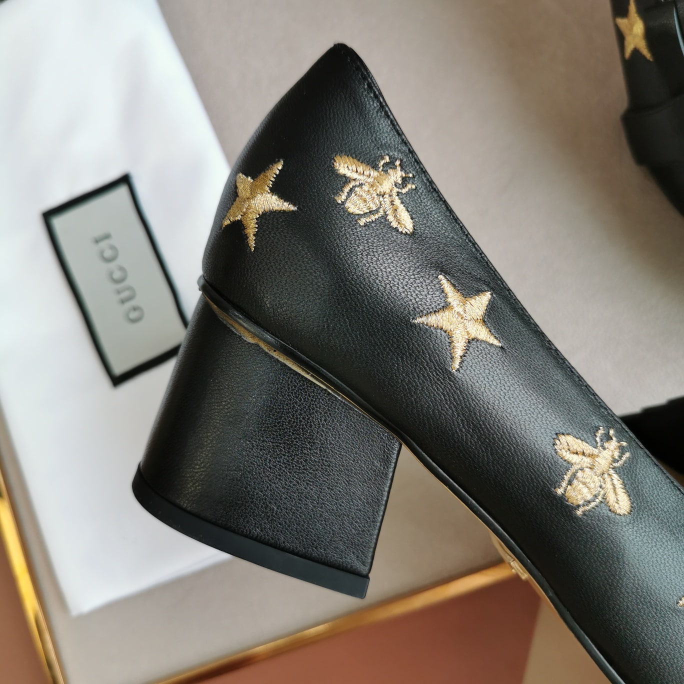 Gucci Embroidered Bee Star Leather Mid-Heel Pump Black