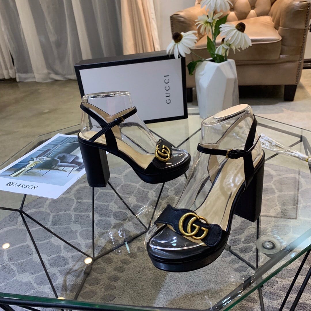 Gucci Gg Leather Heeled Sandal Black