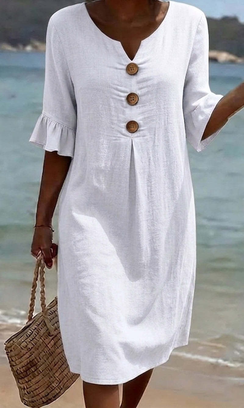 V-Neck Large Button Lotus Leaf Sleeve Design Dress