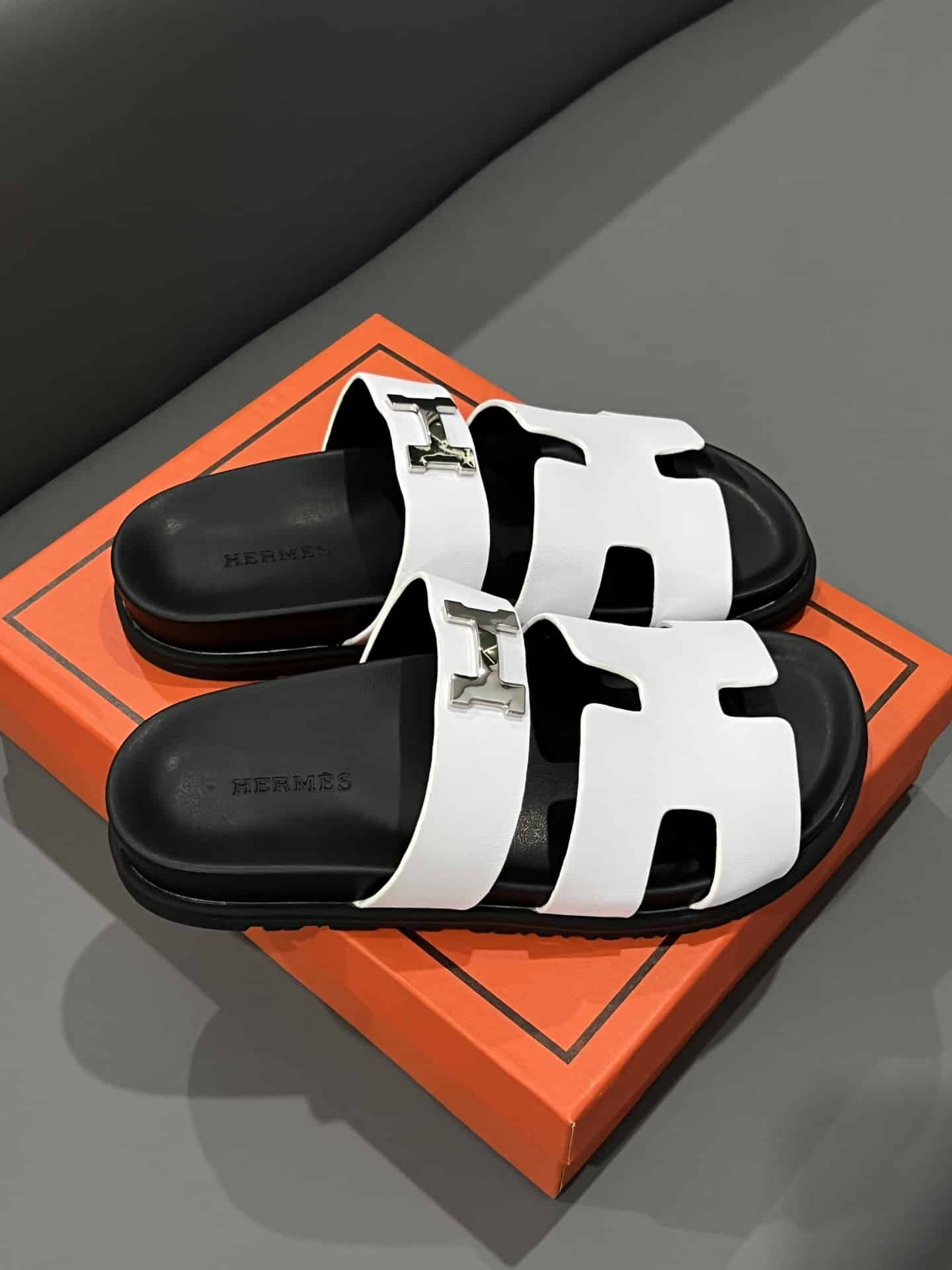 Hermes Chypre Sandal H Logo Silver Hardware White