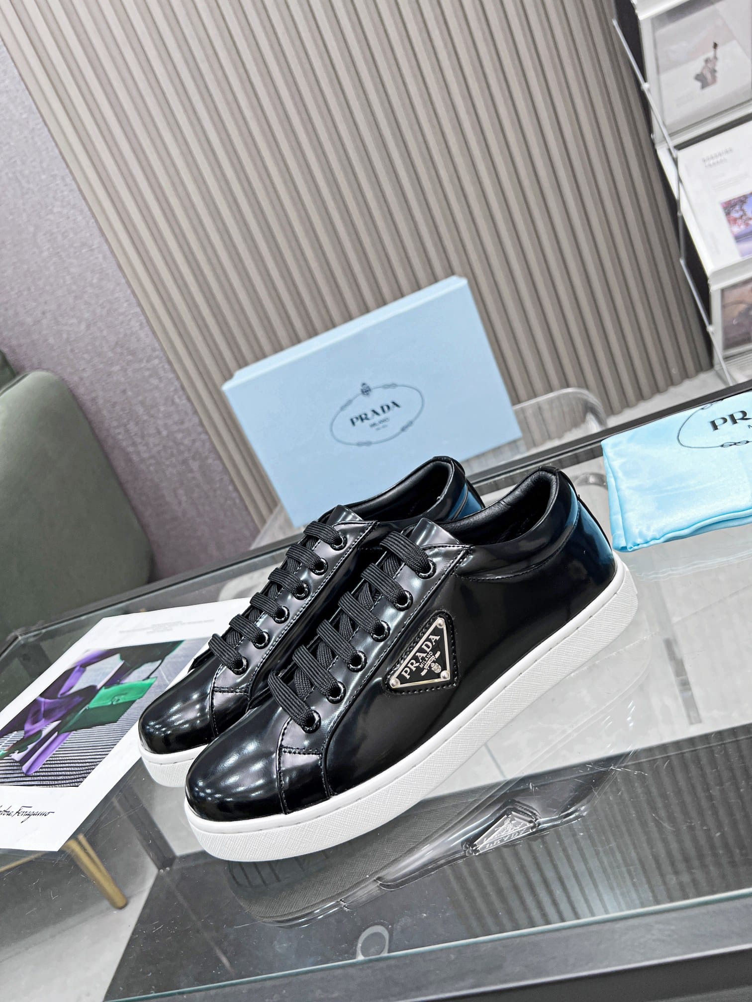 Prada Logo Sneakers In Brushed Leather Black