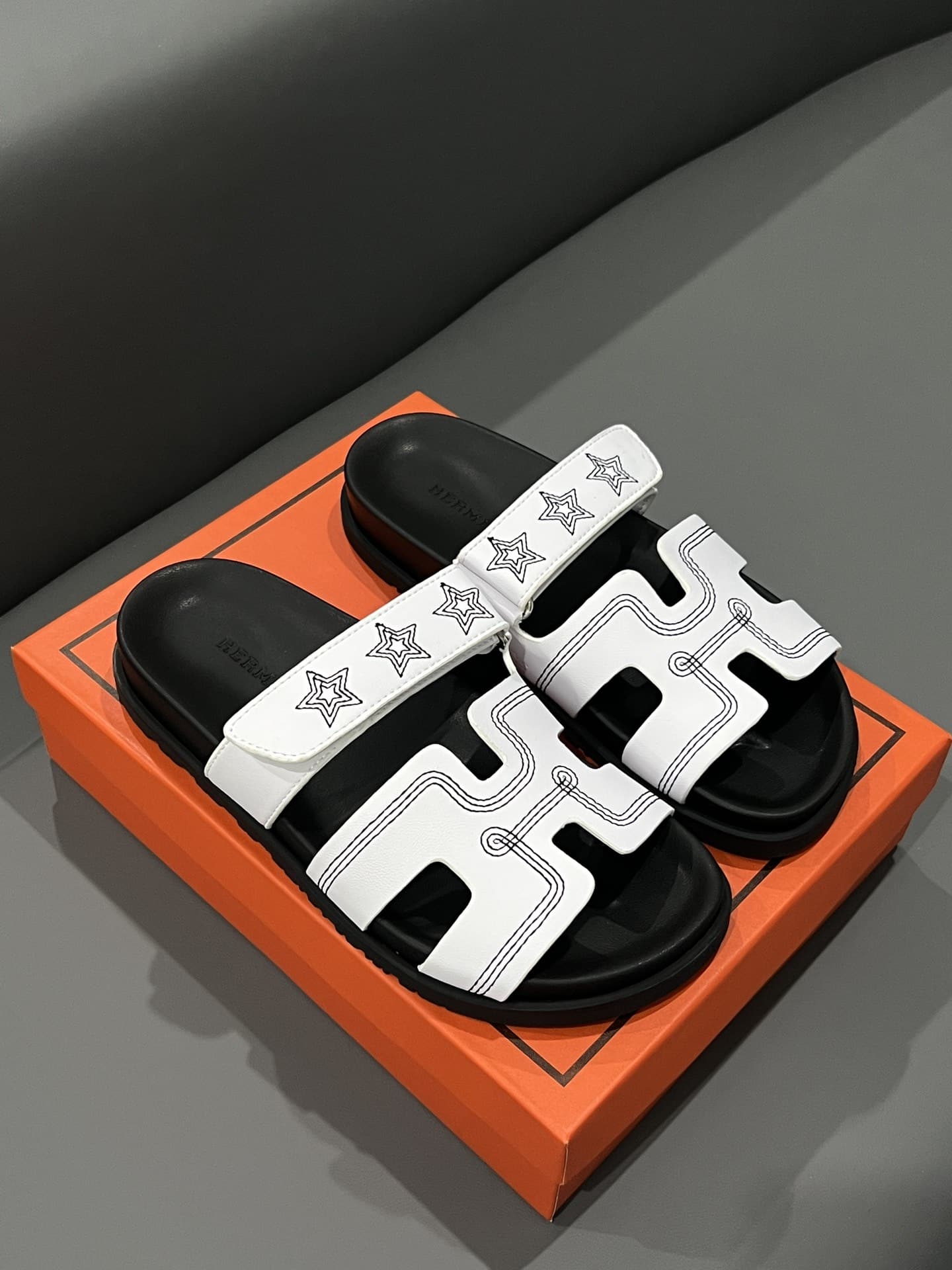 Hermes Chypre Sandal Star Stitched Blanc White