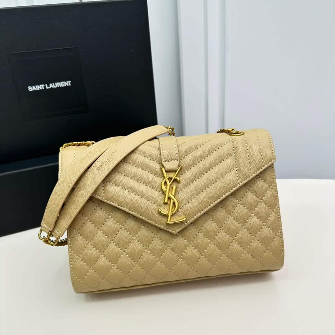 Saint Laurent Envelope Medium Chain Bag In Mix Matelasse Grain De Poudre Embossed Beige 24Cm