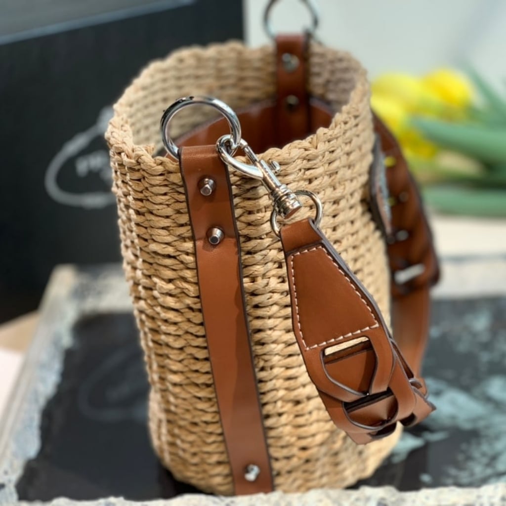 Prada Raffia Woven Bucket Bag Natural 21cm