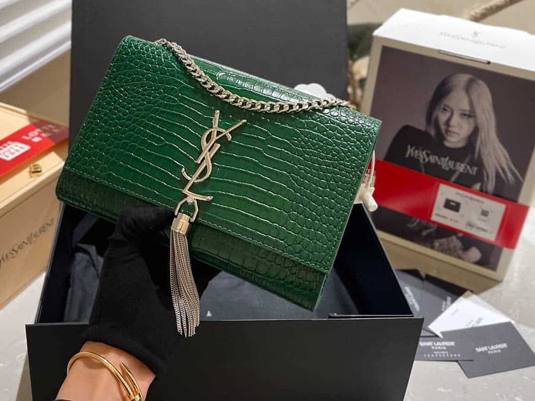 Saint Laurent Kate Tassel Medium Crocodile Embossed Leather With Silver Hardware Green 22Cm