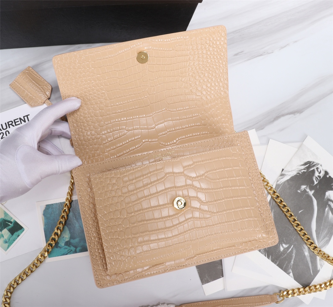 Saint Laurent Sunset Medium Chain Bag In Crocodile Embossed Shiny Apricot 22Cm