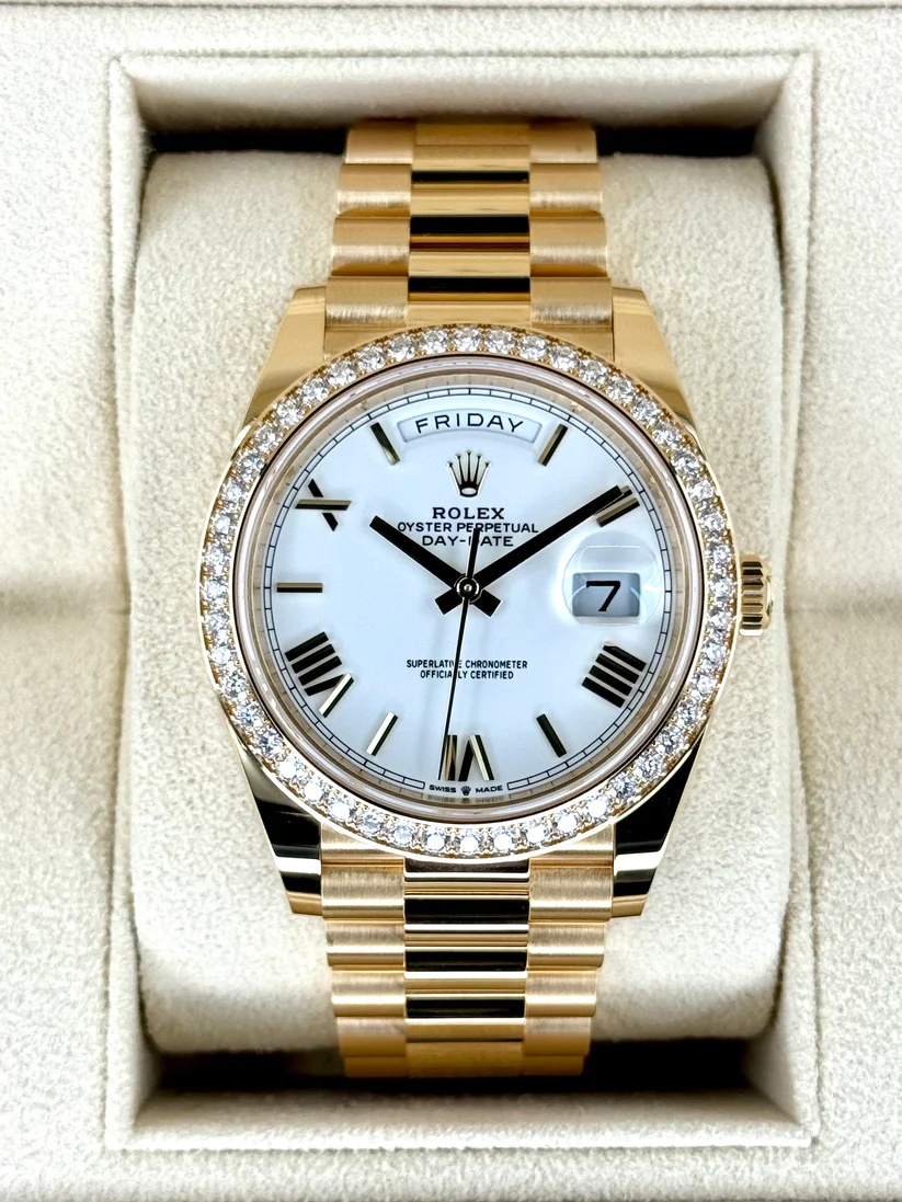 【Super Clone】RLX  Day-Date President 40mm Yellow Gold White Roman Dial Diamond Bezel - 228348rbr