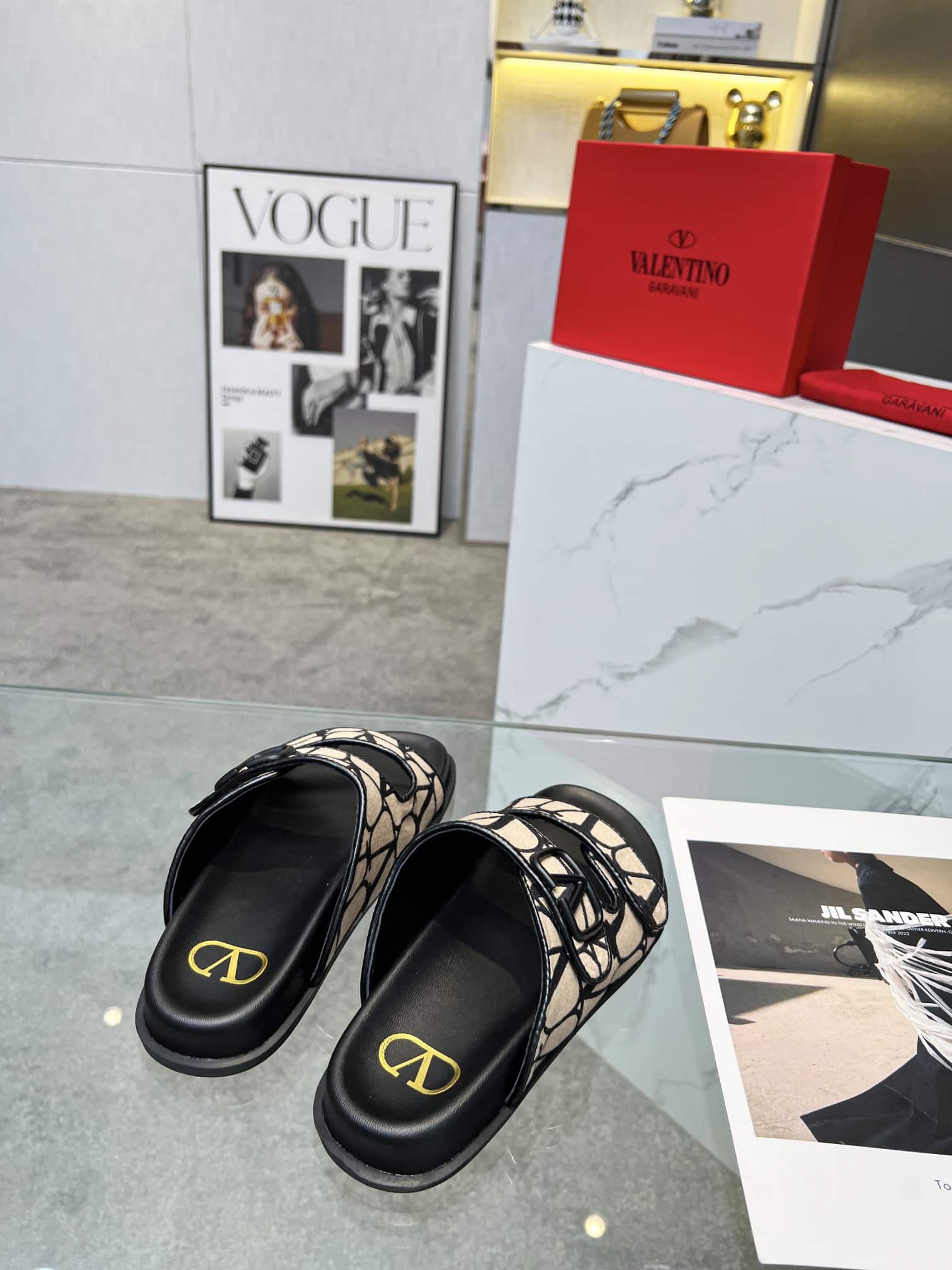 Valentino Garavani VLogo Toile Iconographe Sandal Black Beige
