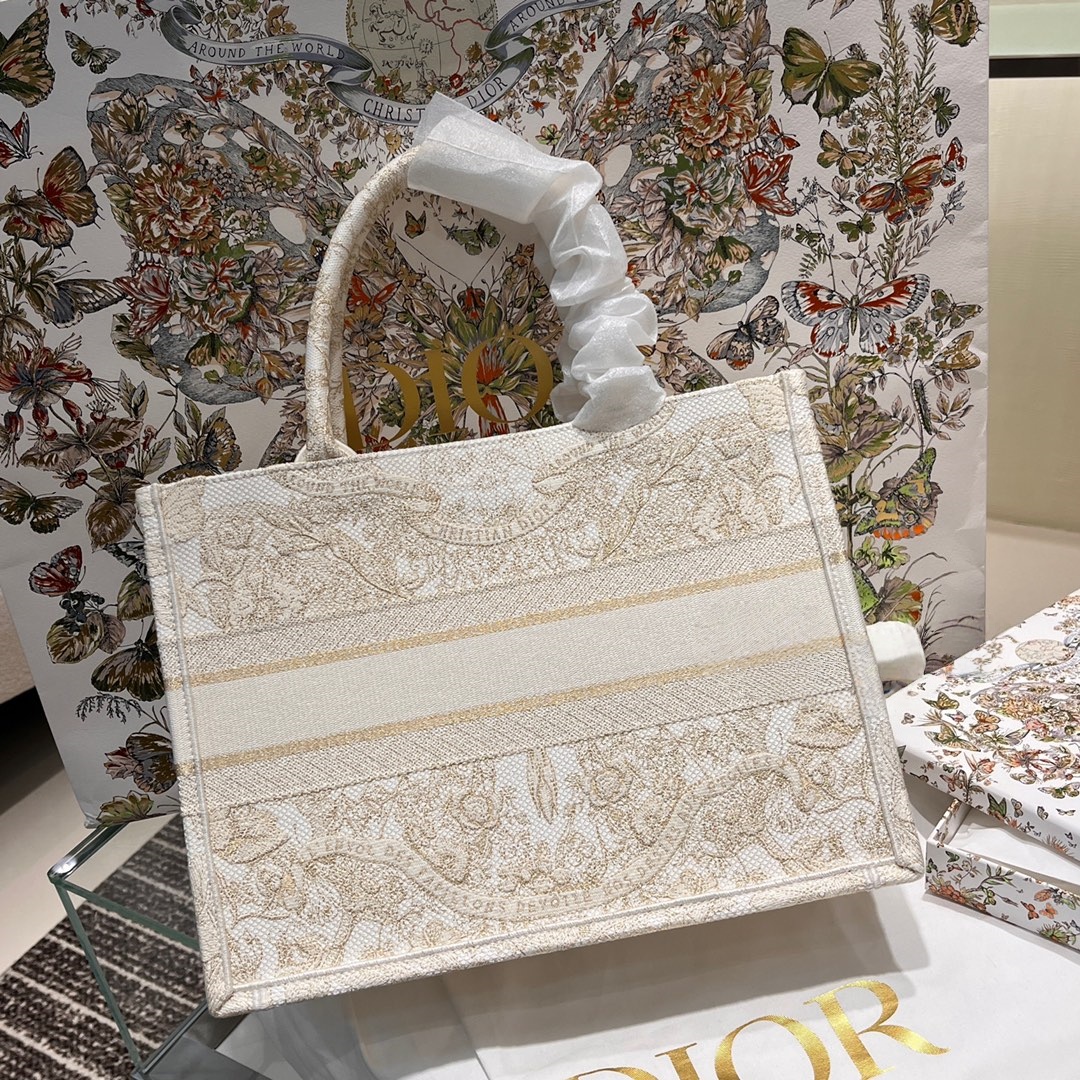 Dior Limited Edition Book Tote – Garden Embroidery in Champagne Gold & Ivory