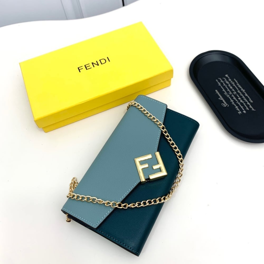 Fendi Ff Diamonds Continental With Chain Leather Wallet Green Blue 19Cm