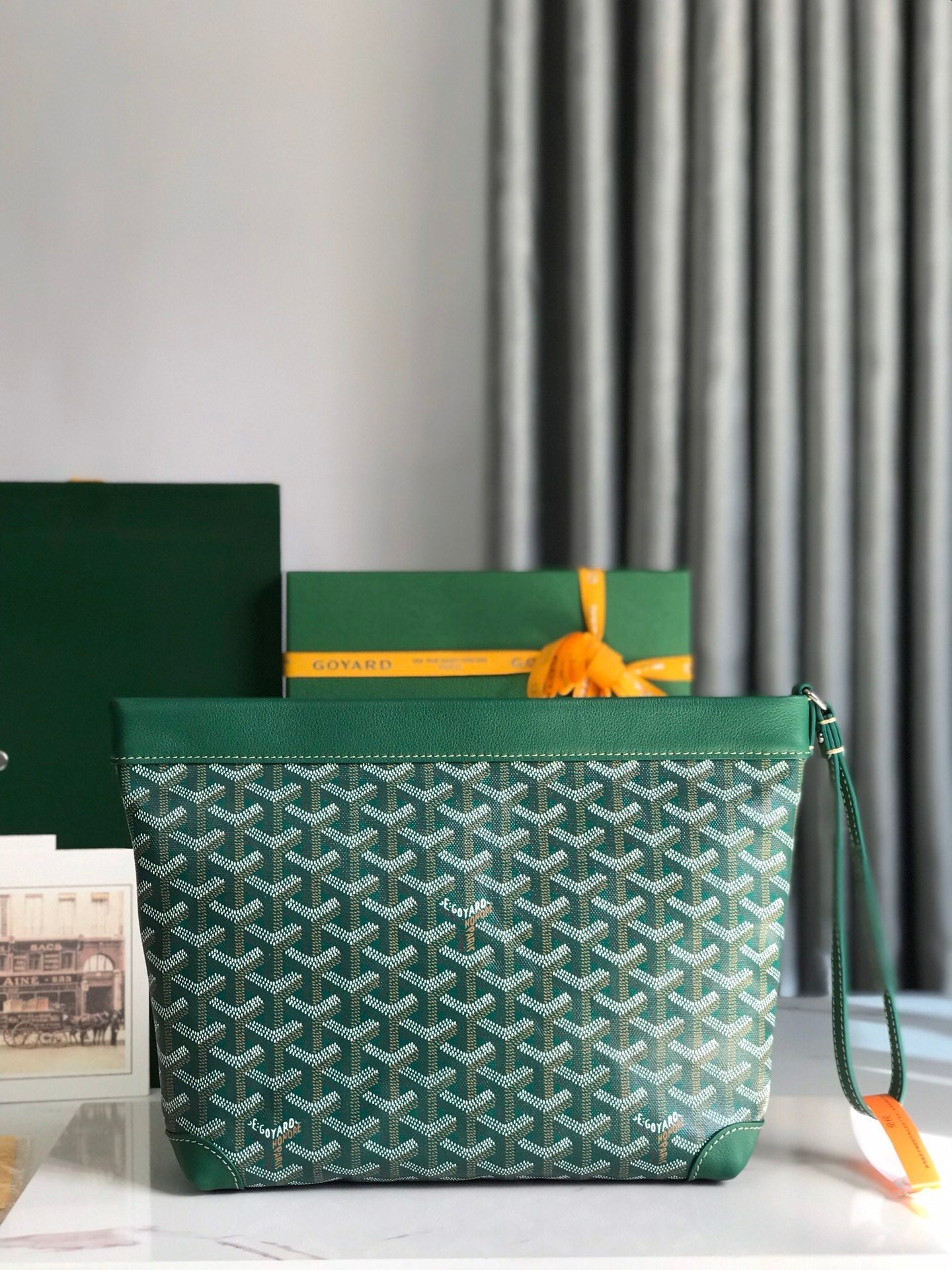 Goyard Conti Pouch 24 Cm Green Lambskin And Goyardine Canvas