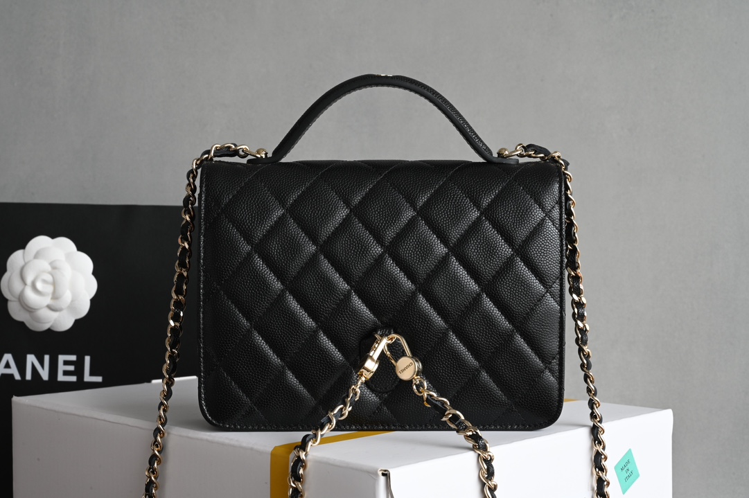 Classic Flap with Top Handle in Black Quilted Grained Calfskin (Caviar) with Light Gold-Tone Hardware