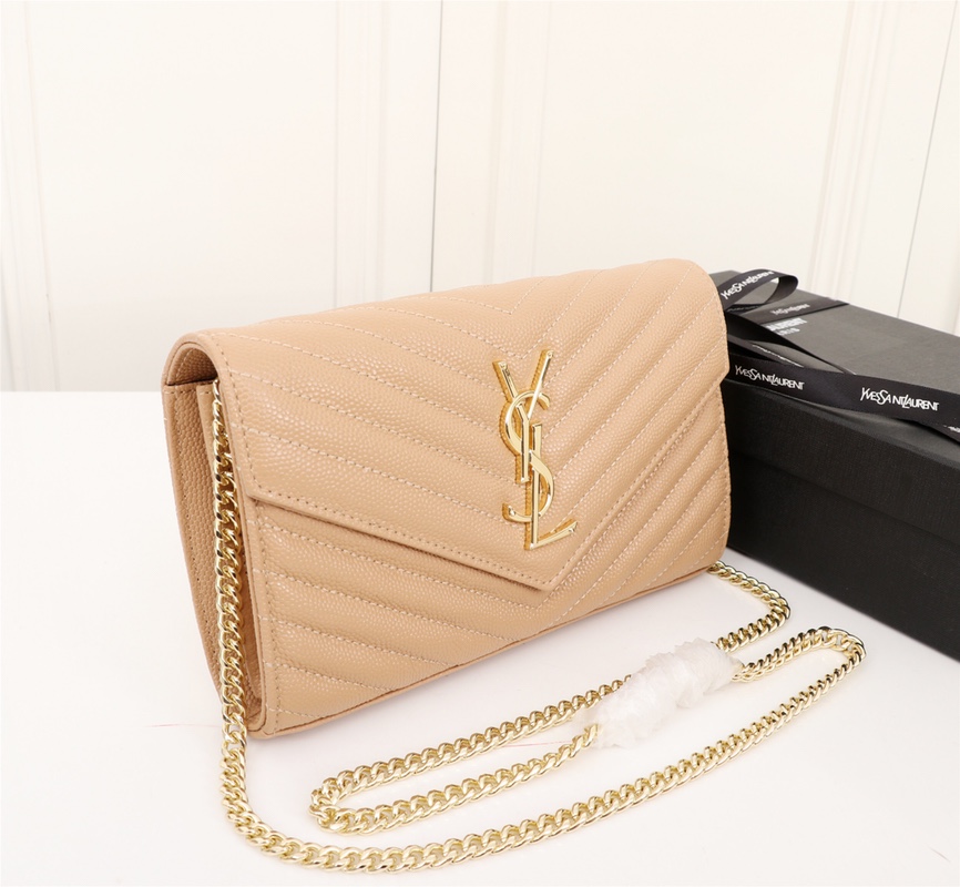 Saint Laurent Cassandre Matelasse Chain Wallet In Grain De Poudre Embossed Beige 22Cm