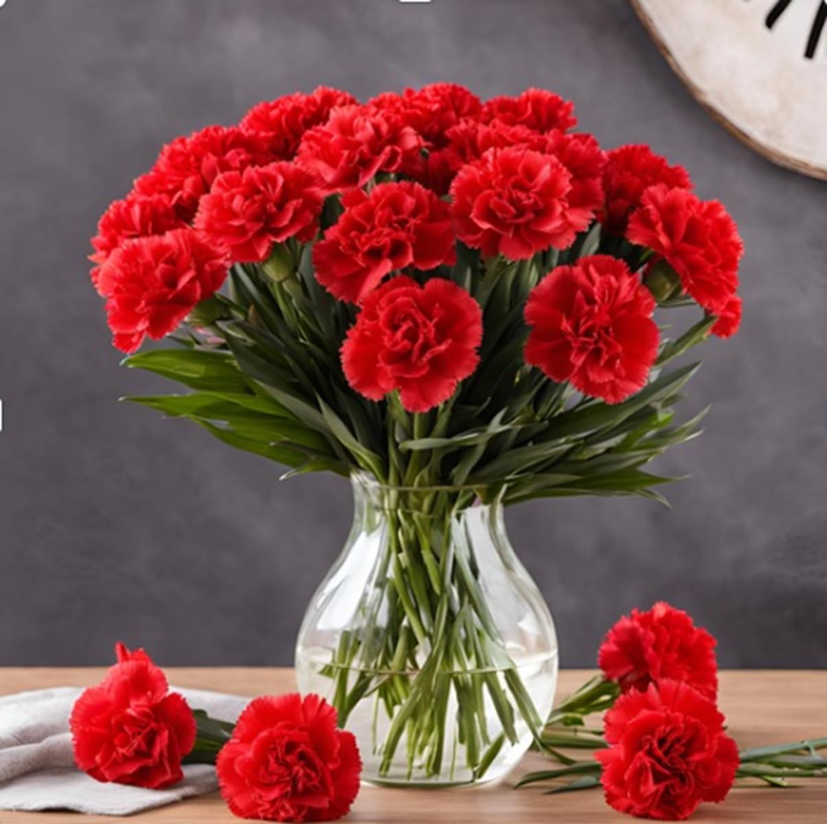 KaBloom - 12 Red Carnation With Vase - Fresh Flowers for Birthday, Valentine's & Mother's Day
