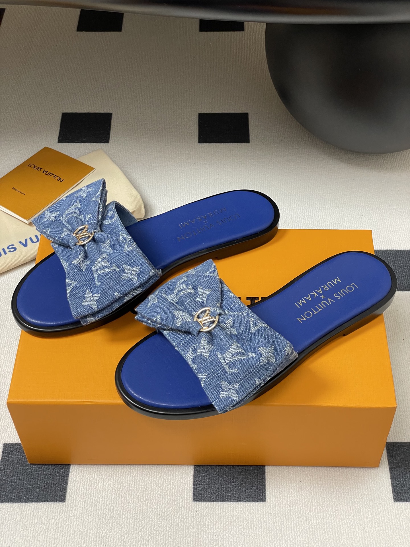 Louis Vuitton x Takashi Murakami Lily Flat Mule Bow Slide Sandals Blue Canvas 1AGVYA