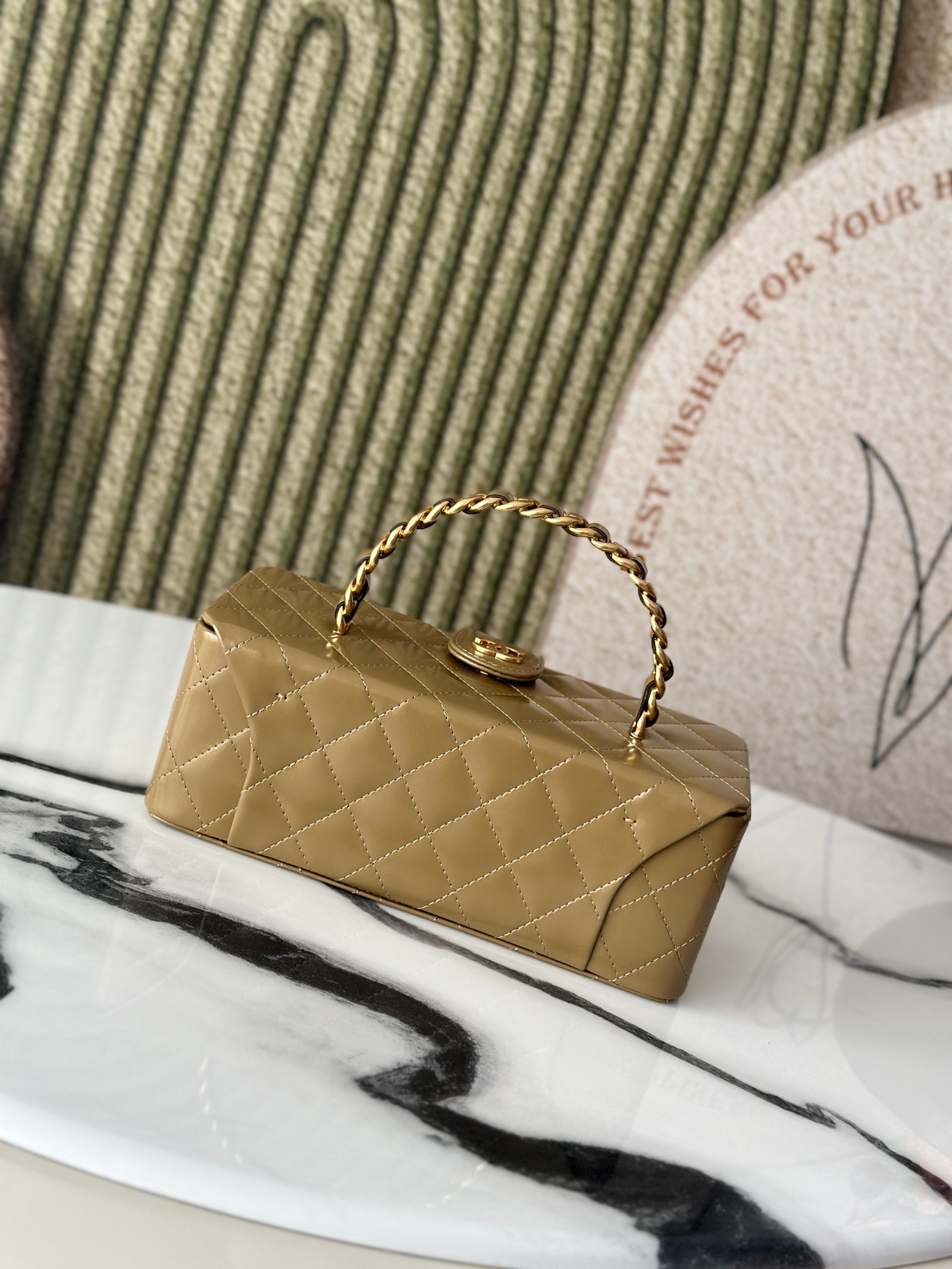 Quilted Patent Leather Long Vanity Case Bag with Chain Handle, Gold Hardware (Model AP5212)