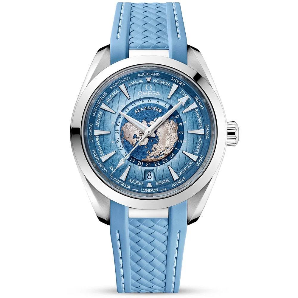 OMEGA Seamaster Aqua Terra GMT Worldtimer 43mm Summer Blue Dial Strap Watch