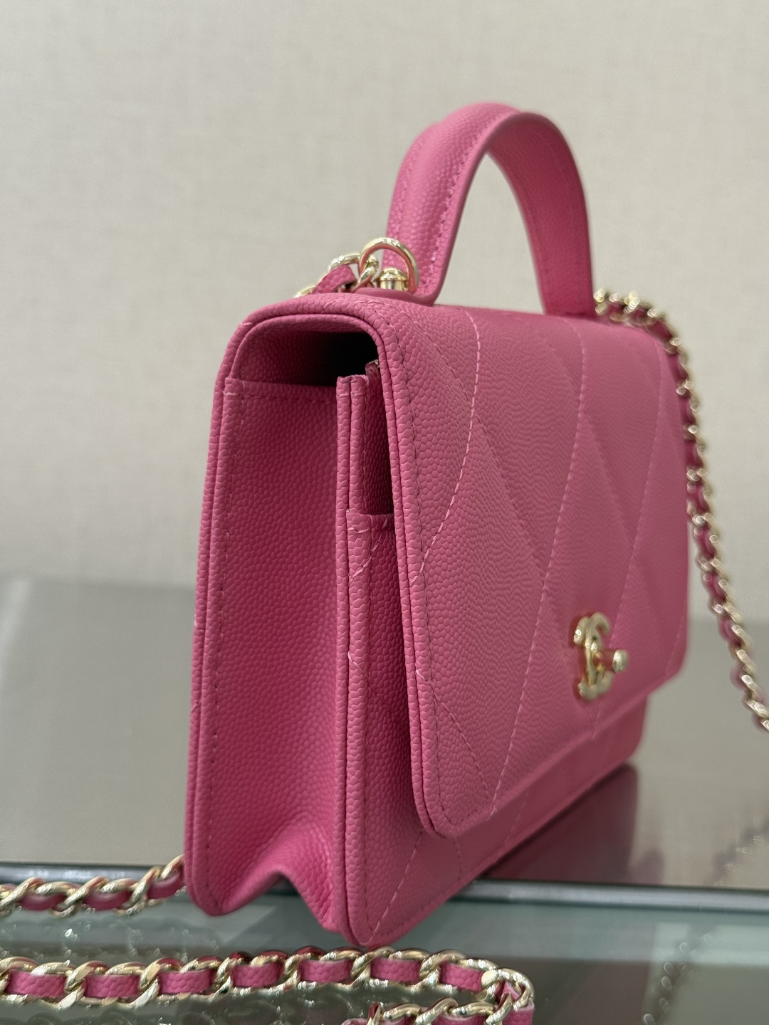 Wallet on Chain with Top Handle (AP3984) in Pink Caviar Leather with Gold-Tone Hardware, 25C Cruise Collection