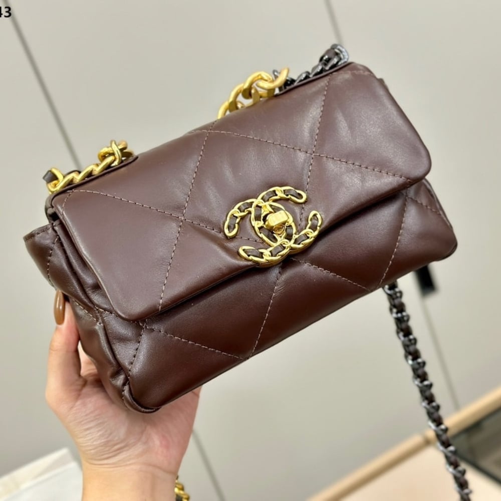 Chanel 19 Flap Bag Shiny Gold And Silver Tone Brown 20Cm