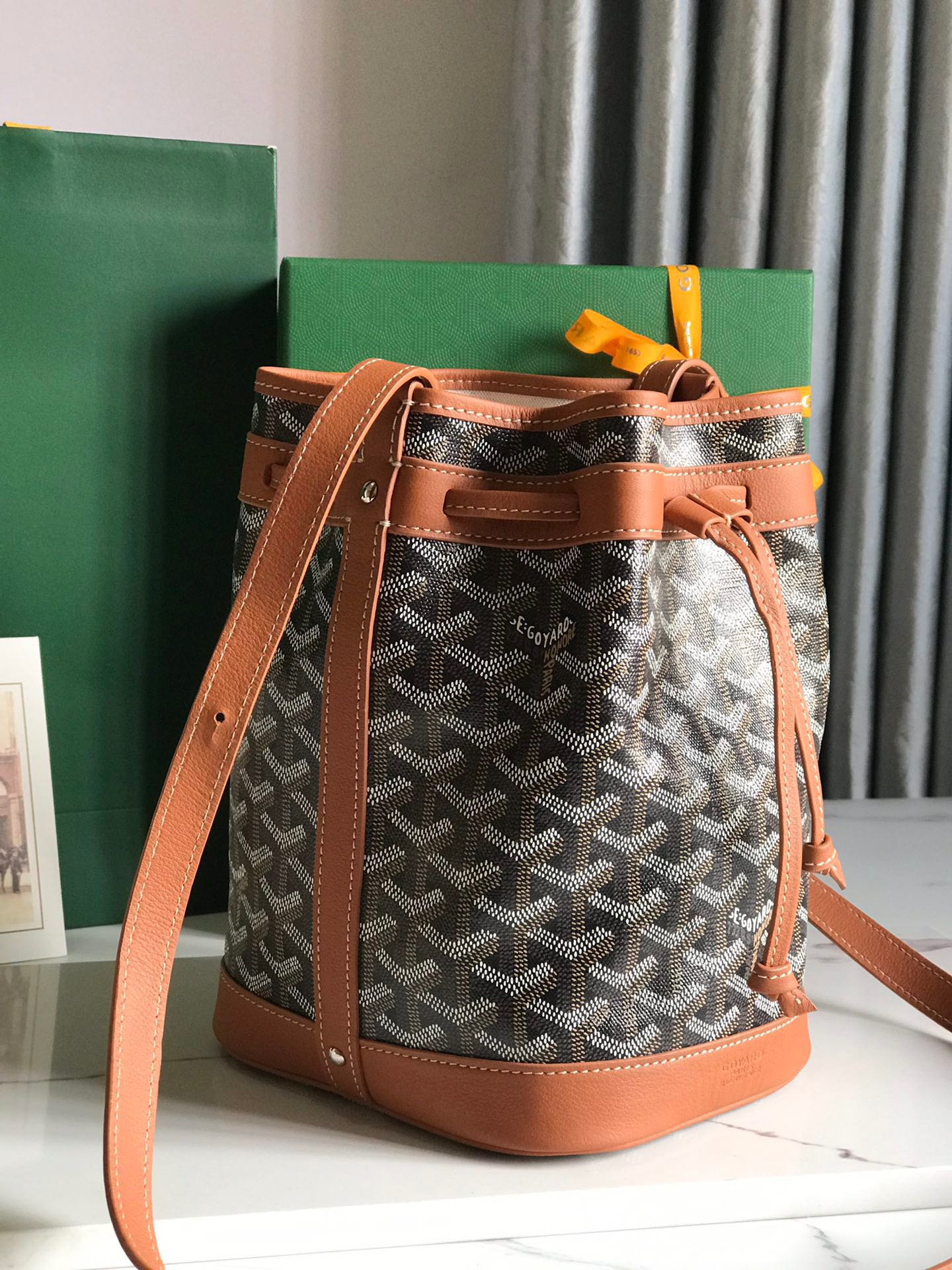 Goyard Petit Flot Bucket Bag 22 Cm Black Goyardine Canvas And Tan Lambskin Trim
