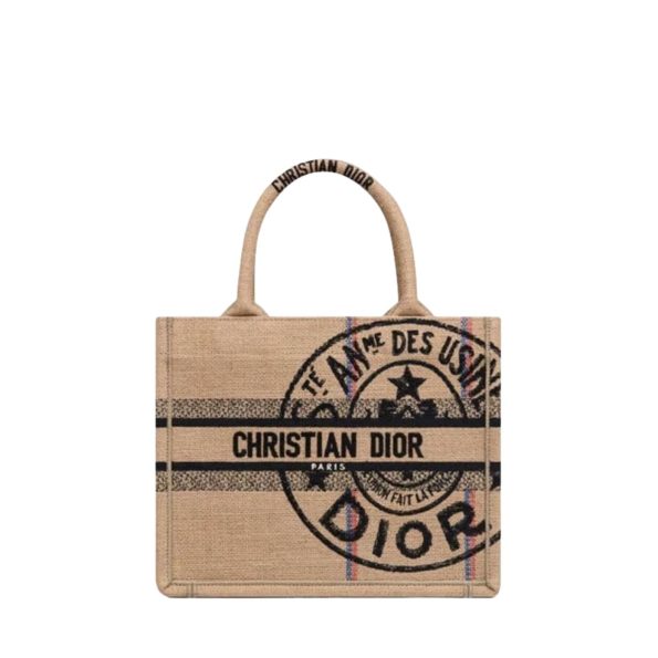 DIOR SMALL JUTE CANVAS EMBROIDERED BEIGE BOOK TOTE