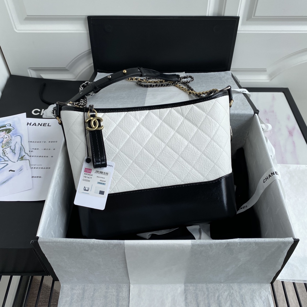 19A  Gabrielle Medium Hobo Bag in Black & White Aged Calfskin with Gold & Silver Hardware (Model A93824)