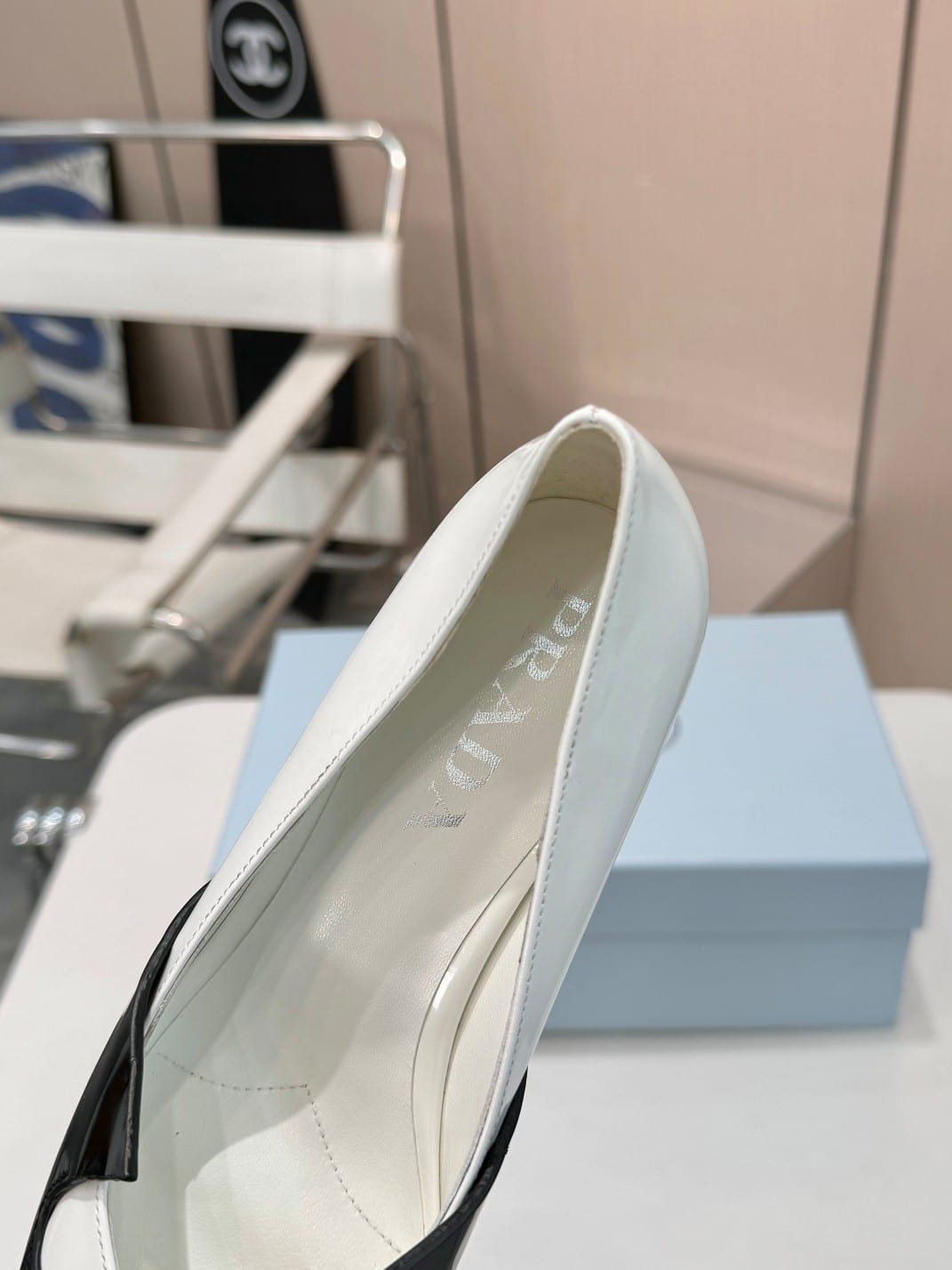 Prada Two Tone Toe Kitten Heels In Black And White