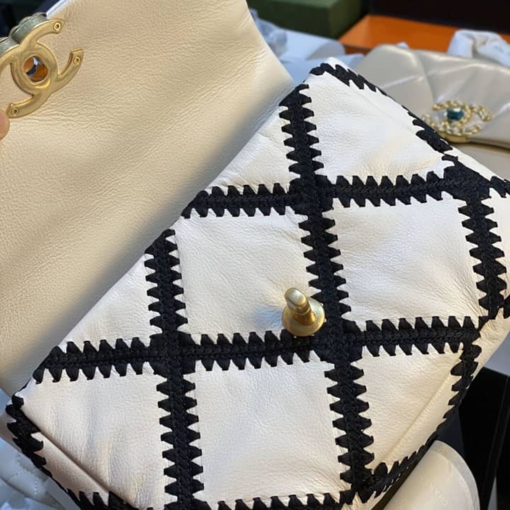 Chanel 19 Flap Bag Crochet Gold And Silver Tone White Black 24Cm AS1160 B04824 C0200