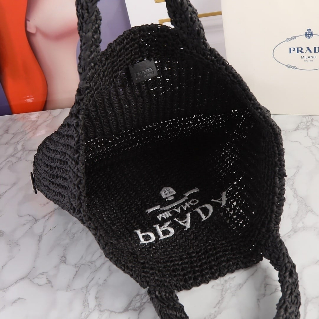 Prada Large Crochet Tote Bag Raffia In Black 40cm 1BG392 2A2T F0002 V OOL